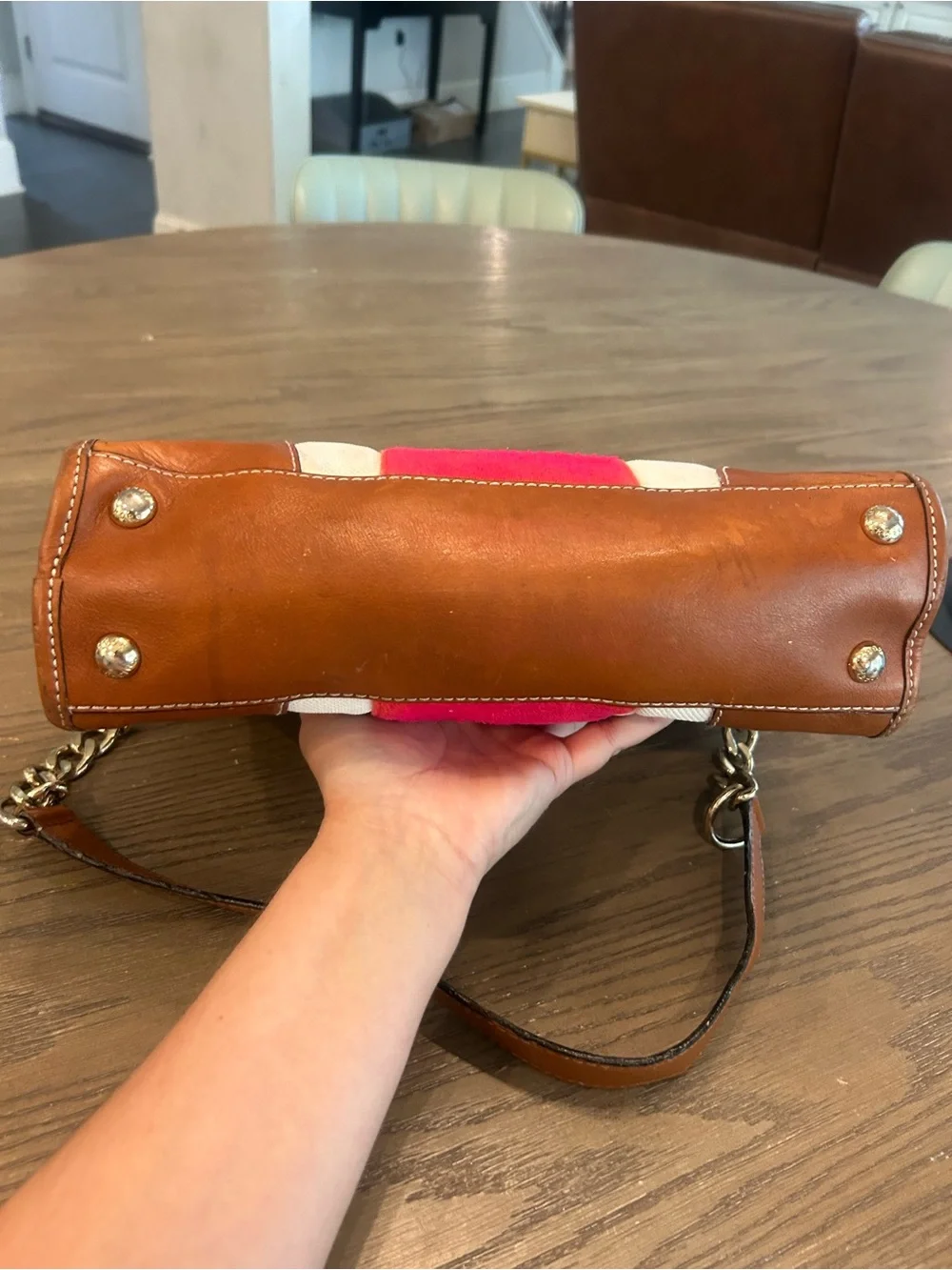 Michael Kors Brown Leather & Red Stripe Canvas Satchel